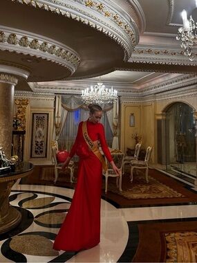 Canada Sash Long Sleeve Red Prom Dress